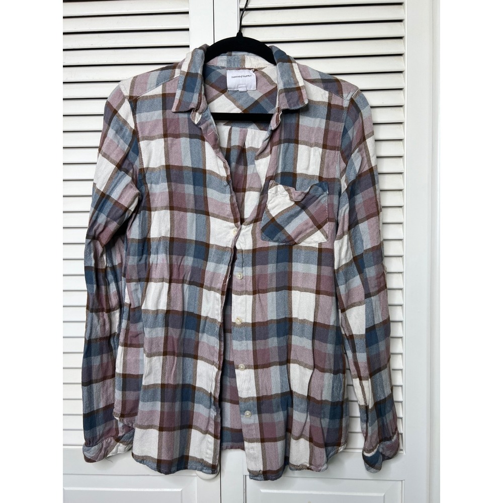 Thread & Supply Plaid Shirt Womens M Blue Mauve Button Down
